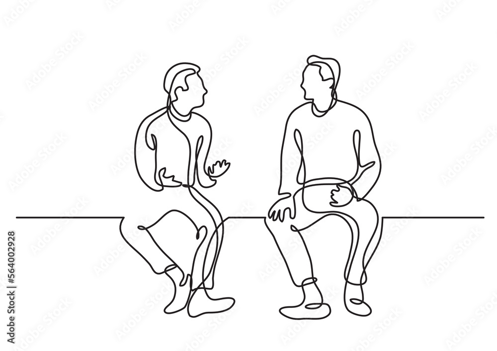 Poster continuous line drawing vector illustration with fully editable stroke of two sitting men talking