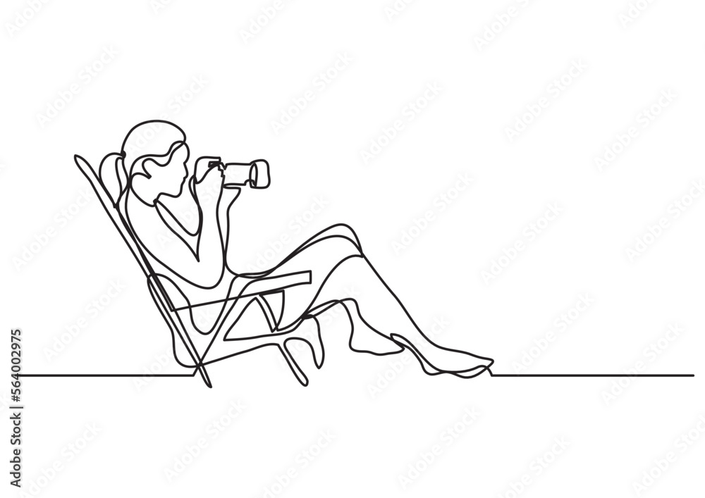 Canvas Prints continuous line drawing vector illustration with FULLY EDITABLE STROKE of woman siiting on a beach photographing