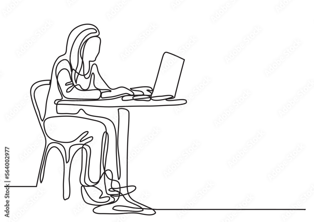 Poster continuous line drawing vector illustration with fully editable stroke of woman sitting in cafe work