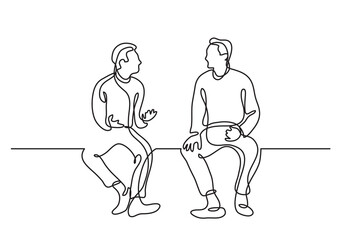 continuous line drawing vector illustration with FULLY EDITABLE STROKE of two sitting men talking