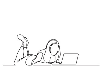 continuous line drawing vector illustration with FULLY EDITABLE STROKE of woman lying with laptop