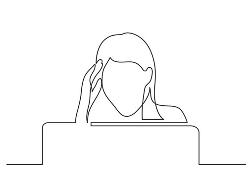 recommend clip art: continuous line drawing vector illustration with FULLY EDITABLE STROKE of woman behind computer screen