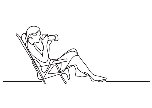 continuous line drawing vector illustration with FULLY EDITABLE STROKE of woman siiting on a beach photographing