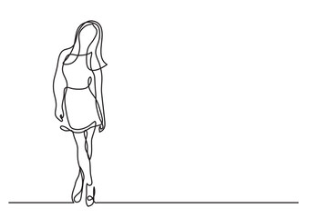 continuous line drawing vector illustration with FULLY EDITABLE STROKE of young woman standing