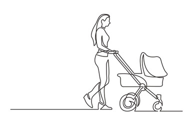 continuous line drawing vector illustration with FULLY EDITABLE STROKE of young woman walking with baby stroller