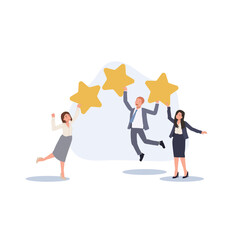 Fototapeta premium People are holding stars, giving five star Feedback. satisfaction rating. Feedback, review evaluation.