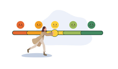 Rating satisfaction concept. woman is giving Feedback in form of emotions. Flat vector illustration
