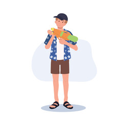 Songkran thailand festival ,water festival concept. A man with water gun in hawaii shirt.