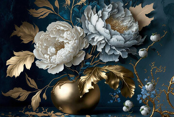 Obraz na płótnie Canvas A wallpaper of a rococo blooms flowers dreamy intricate details pastel scheme blue gold tone fantasy fairytale aesthetic rococo luxurious style background,generative ai.