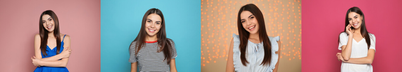 Collage with portraits of happy woman on different color backgrounds