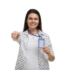 Happy woman with vip pass badge on white background