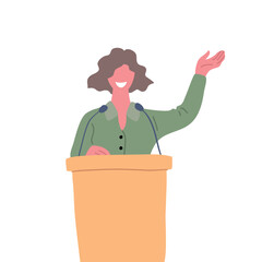 Cartoon Character Woman Confident Speaker Conference Concept Isolated on a White Background. Vector illustration of Professional Businesswoman and Podium