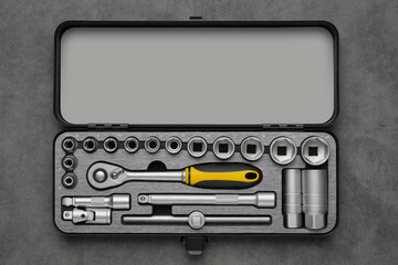 Ratchet and bits tool kit. Socket wrench and ratchet heads. Tool kit for the car. Set of tools for...