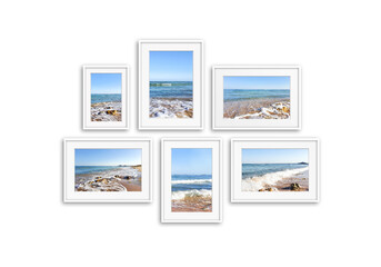 Frames collage isolated on white, sea view posters, interior design decor
