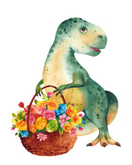 Watercolor tyrannosaurus. Green dinosaur with a basket of flowers.