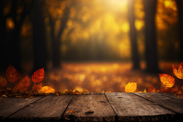Naklejka na ściany i meble Autumn Table - Orange Leaves And Wooden Plank At Sunset In Defocused Forest background,generative ai.