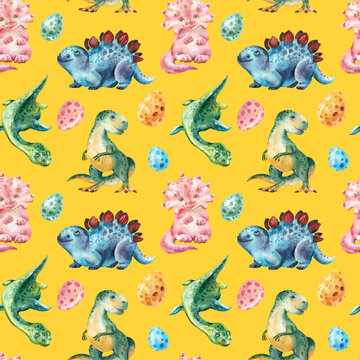 Watercolor pattern with dinosaurs. Children's drawings of various dinosaurs on a yellow background