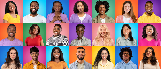 Naklejka na ściany i meble Social Diversity. Portraits Of Diverse Positive Multiethnic People Posing Over Colorful Backgrounds