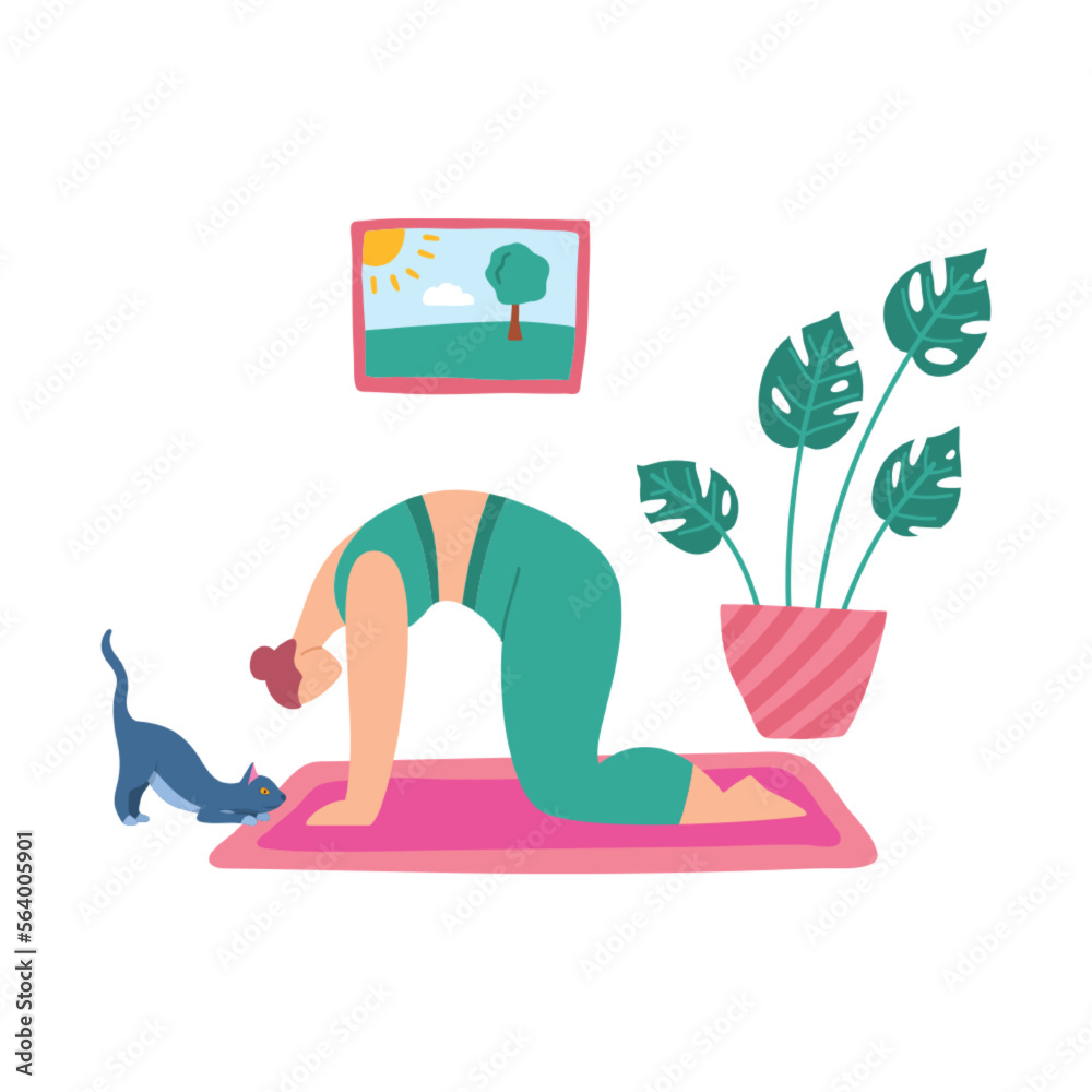 Wall mural cartoon color character woman home yoga marjaryasana cat position concept flat design style. vector 