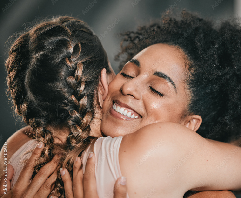 Poster Teamwork, friends and hug with women in gym for for fitness, exercise and workout. Well done, congratulations and support with girl athlete training together for sport, mindset or wellness motivation