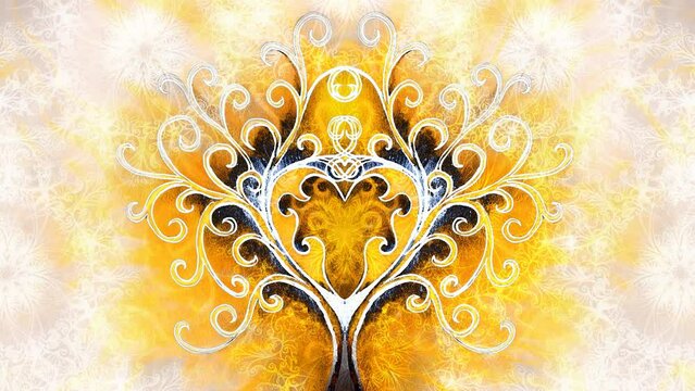 tree of life symbol on structured ornamental background, yggdrasil. Loop Animation