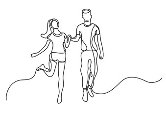 continuous line drawing vector illustration with FULLY EDITABLE STROKE - happy couple holding hands