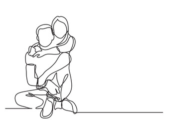 continuous line drawing vector illustration with FULLY EDITABLE STROKE - happy couple sitting embracing