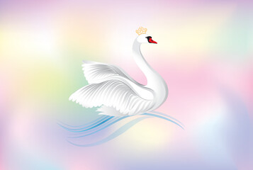 Swan princess with crown over blur multicolor gentle fairytale background. Valentine's day holiday love passion birthday greeting card background. White bird illustration