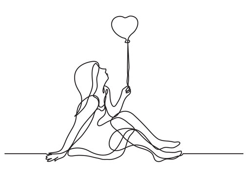 Continuous Line Drawing Vector Illustration With FULLY EDITABLE STROKE - Girl With Heart Balloon