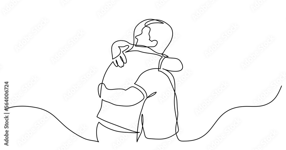 Wall mural continuous line drawing vector illustration with fully editable stroke - of men friends hugging each