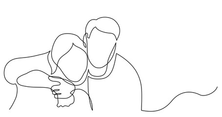 continuous line drawing vector illustration with FULLY EDITABLE STROKE - of man and woman hugging each other