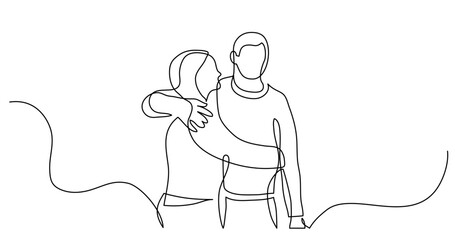 continuous line drawing vector illustration with FULLY EDITABLE STROKE - of young couple of friends hugging each other