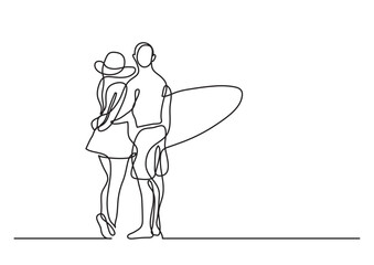 continuous line drawing vector illustration with FULLY EDITABLE STROKE - young couple standing on beach with surfboard