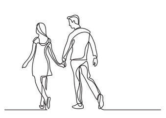 continuous line drawing vector illustration with FULLY EDITABLE STROKE - young couple walking