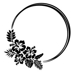 Circle Hawaii floral wreath Hibiscus Tropical leaves vector silhouette illustration, Simple summer flowers © LA