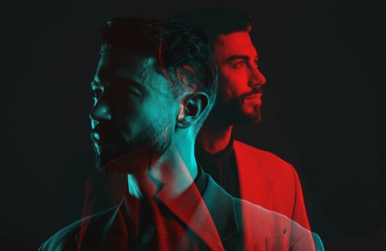 Fashion, double exposure and face of man with neon lighting in vintage clothes, elegant and classy suit. Creative aesthetic, shadow and male model with luxury, designer and stylish clothes in studio