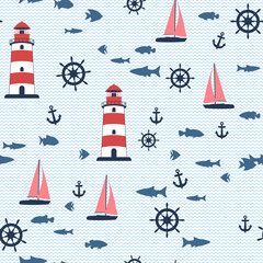 Obraz na płótnie Canvas Lighthouse, yacht and fish vector illustration. Red beacon on waves seamless pattern.