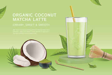 Realistic Detailed 3d Organic Coconut Matcha Latte Ads Banner Concept Poster Card. Vector illustration of Alternative Milk