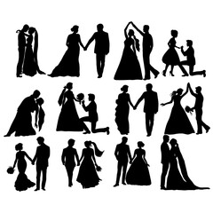 Set of wedding couple vector illustration, Love Bride and groom silhouettes, Wedding celebration, Love Mr and Mrs, New family Marriage, Engagement, Wedding dance