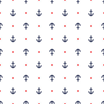Dark blue vessel anchors and red dots marine vector seamless pattern. Clothes print.