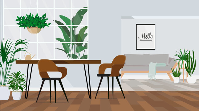 Stylish and botany interior of dining room with table, chairs, a lot of plants.