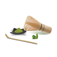 Realistic Detailed 3d Matcha Powder on Black Plate, Chashaku and Bamboo Whisk Japanese Tea Concept. Vector illustration