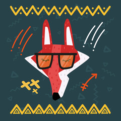 Doodle style flat vector cartoon fox with glasses.  Wallpaper, flyers, invitation, posters, brochure, banners, fabric, packaging, textiles,  clothing.