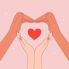 Loving couple arms forming heart with space inside. Love inside loving hands. Valentine's day. Vector outline flat illustration.