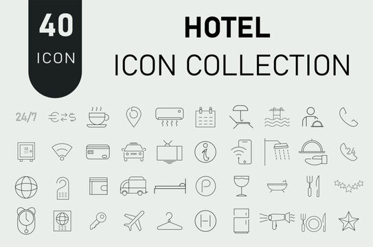 Hotel icon collection vector. Hotel 40 line icons collections.