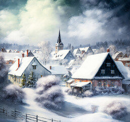 Christmas card. Small snowy village at sunset. cold winter. Art created with Generative AI technology 