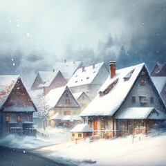 Christmas card. Small snowy village at sunset. cold winter. Art created with Generative AI technology 