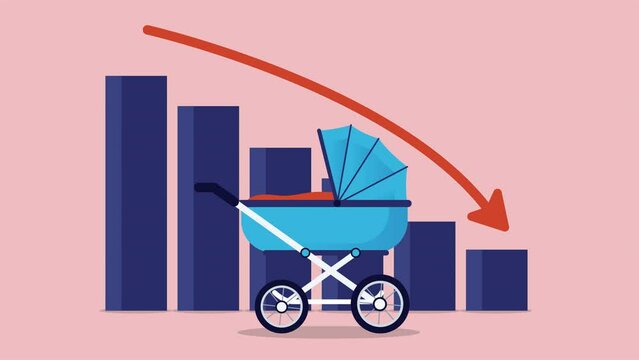 Birth rate decline - Baby stroller in front of graph diagram with red arrow pointing down. Metaphor for low fertility rate problem. Flat design vector illustration