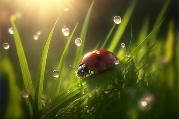 beautiful sunshine in the field, with ladybug