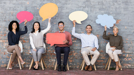 Speech bubble, feedback and survey with business people and mockup for social media, vote and review. Design, contact and chat sign with employee and board at brick wall for voice and opinion - obrazy, fototapety, plakaty